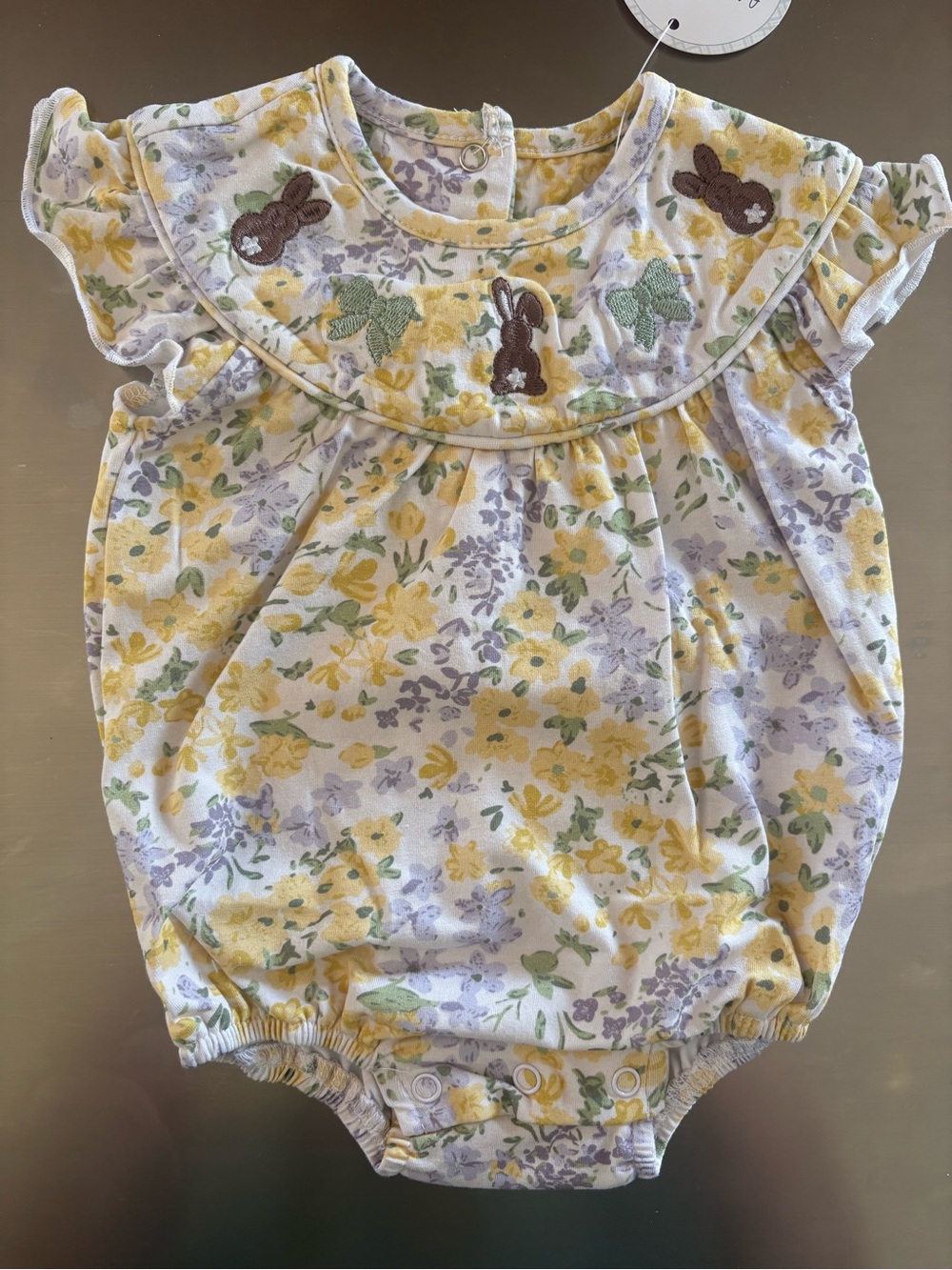 Floral Bunny-Accent Baby Bubble Romper in Yellow & Lavender